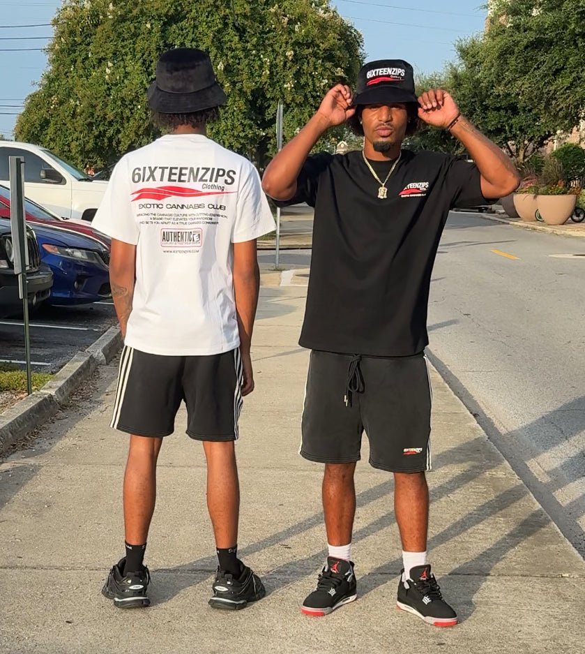 Black Acid Washed “Exotic Cannabis Club” Stripe Shorts - 6IXTEEN Zips