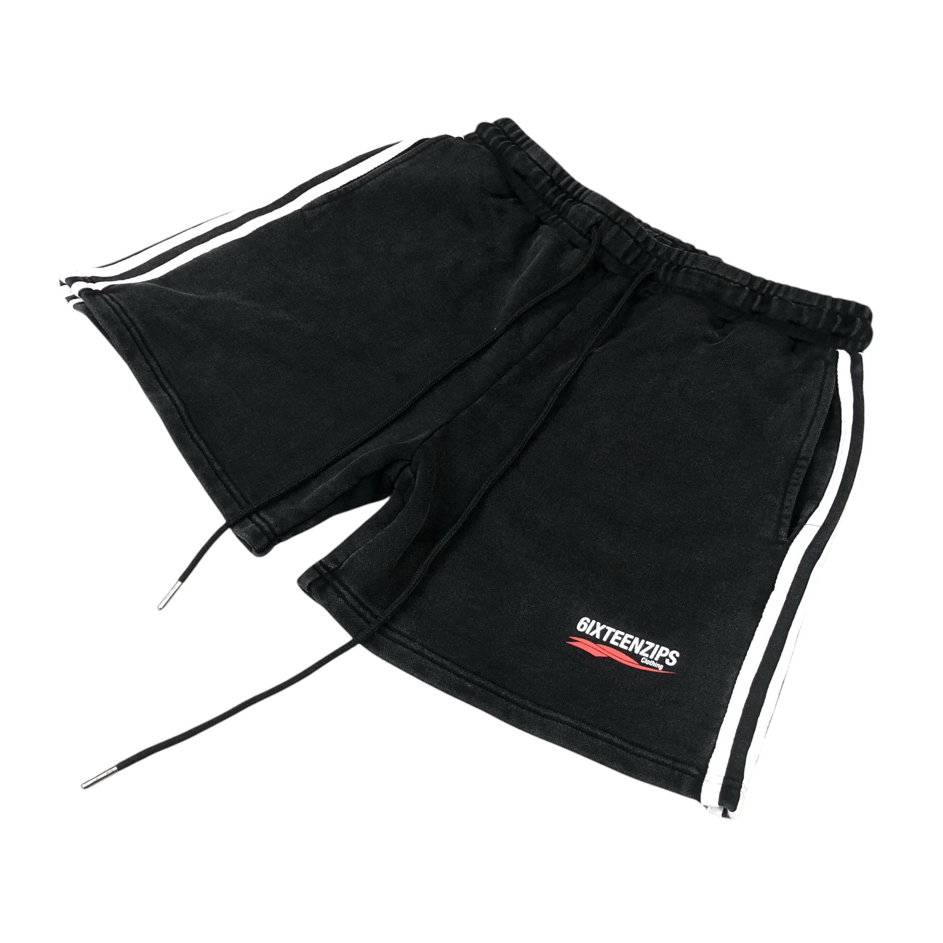 Black Acid Washed “Exotic Cannabis Club” Stripe Shorts - 6IXTEEN Zips