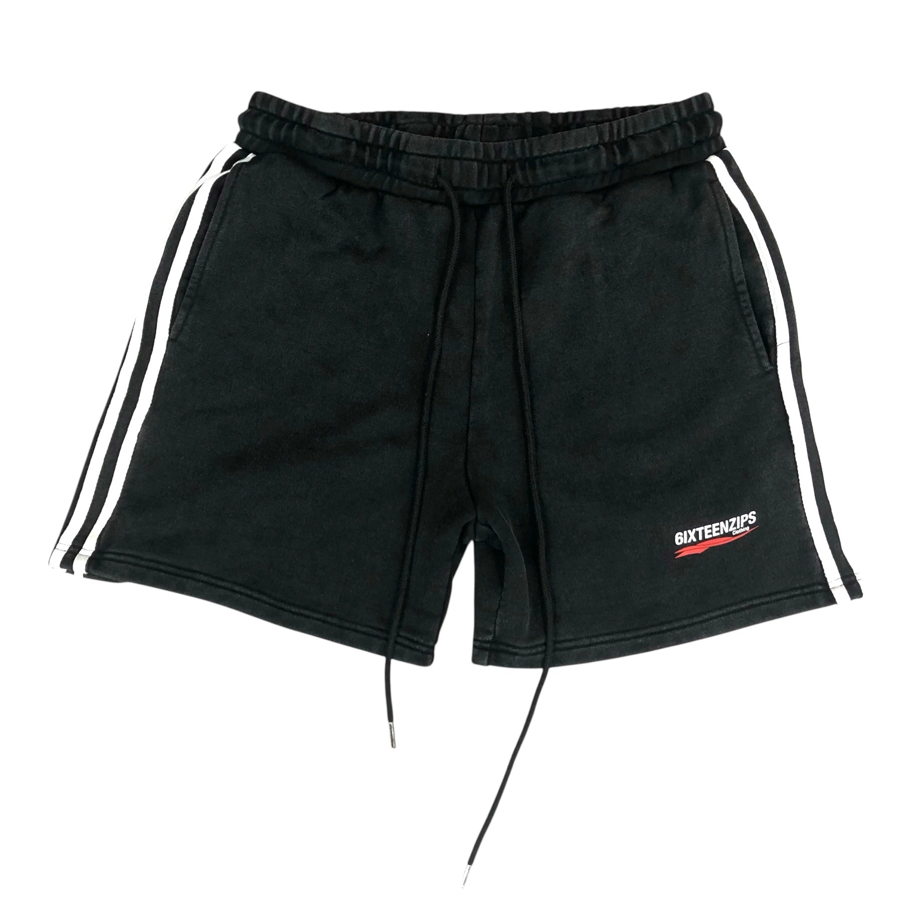 Black Acid Washed “Exotic Cannabis Club” Stripe Shorts - 6IXTEEN Zips