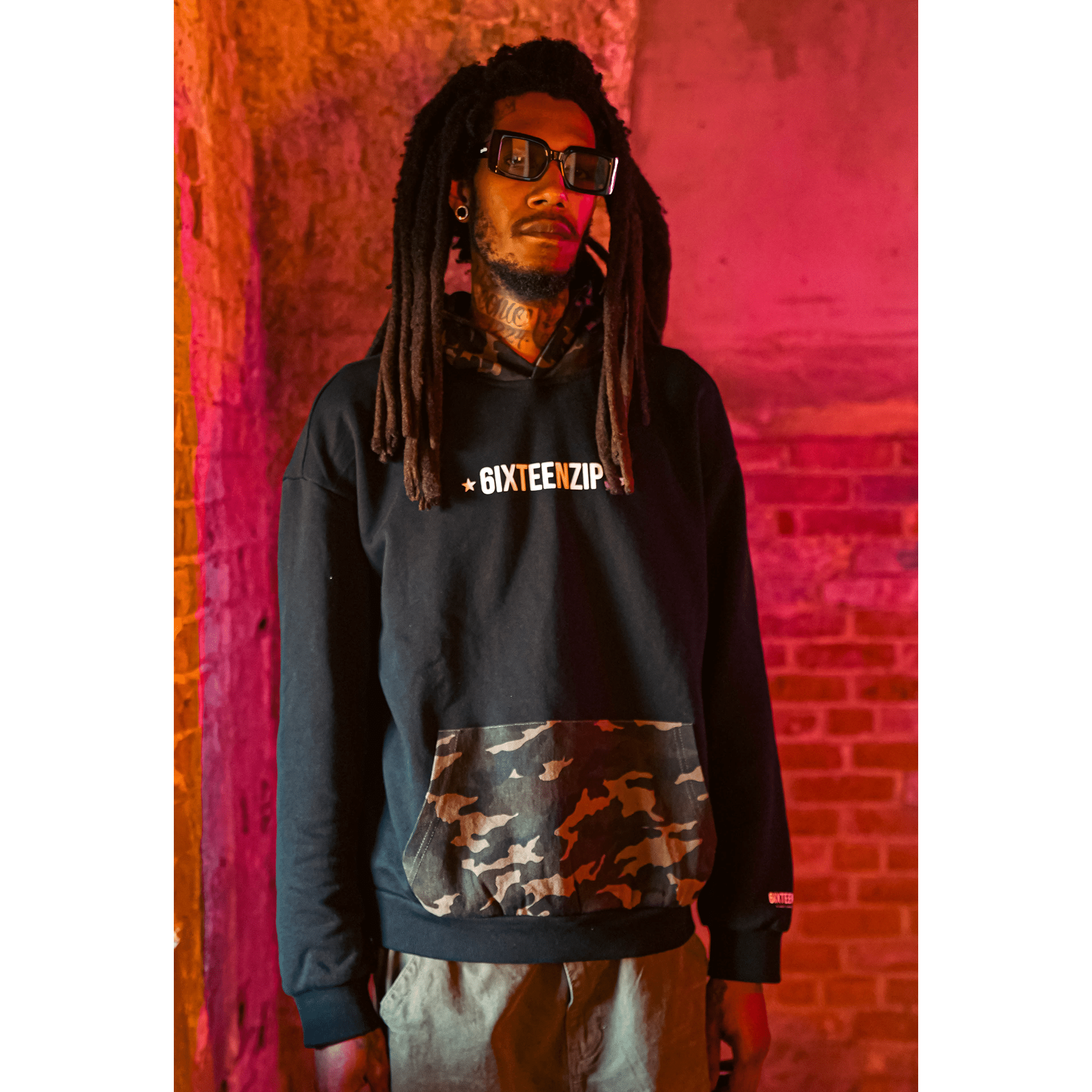Black “ALLSTAR” Logo French Terry/Camo Denim Twill Hoodie - 6IXTEEN Zips
