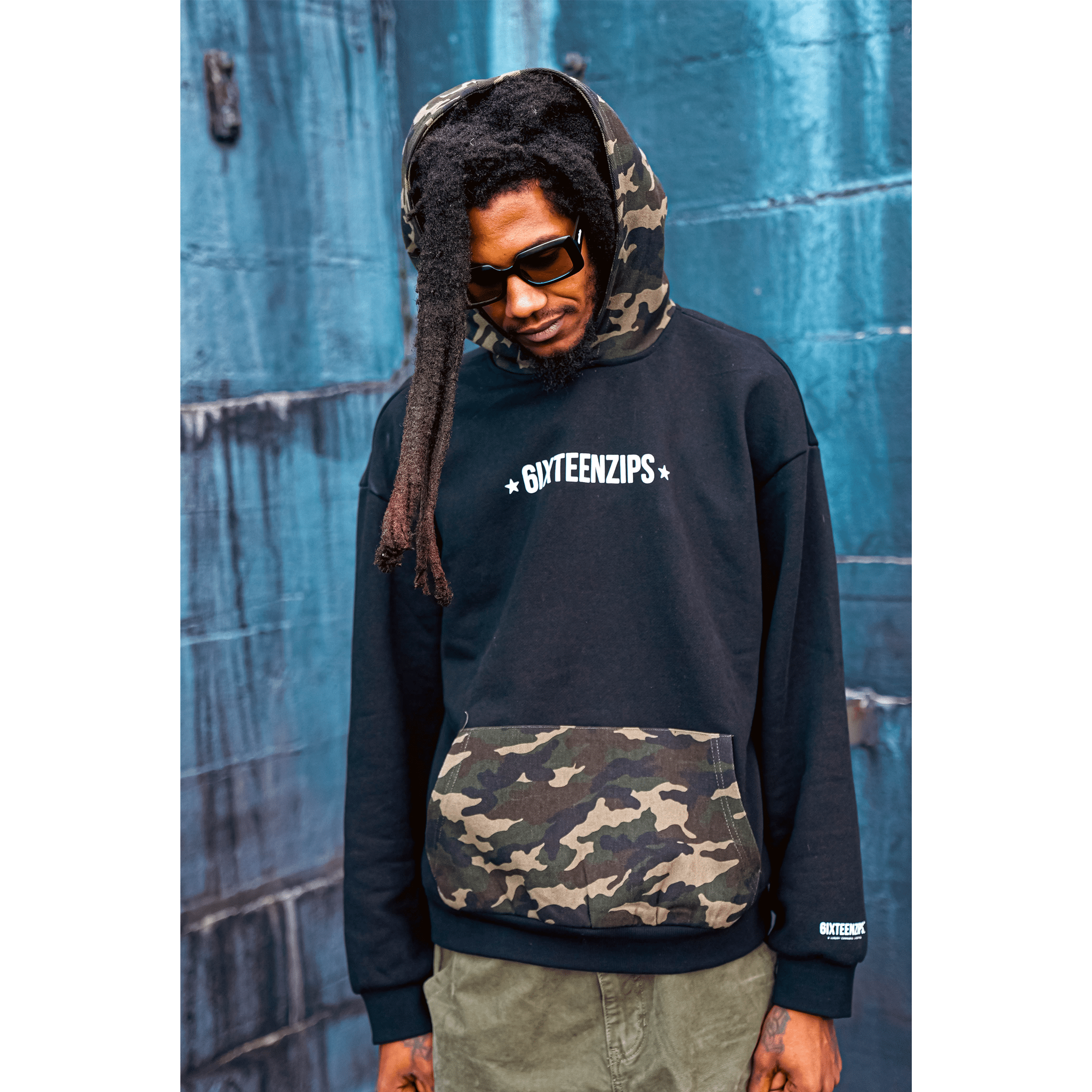 Black “ALLSTAR” Logo French Terry/Camo Denim Twill Hoodie - 6IXTEEN Zips