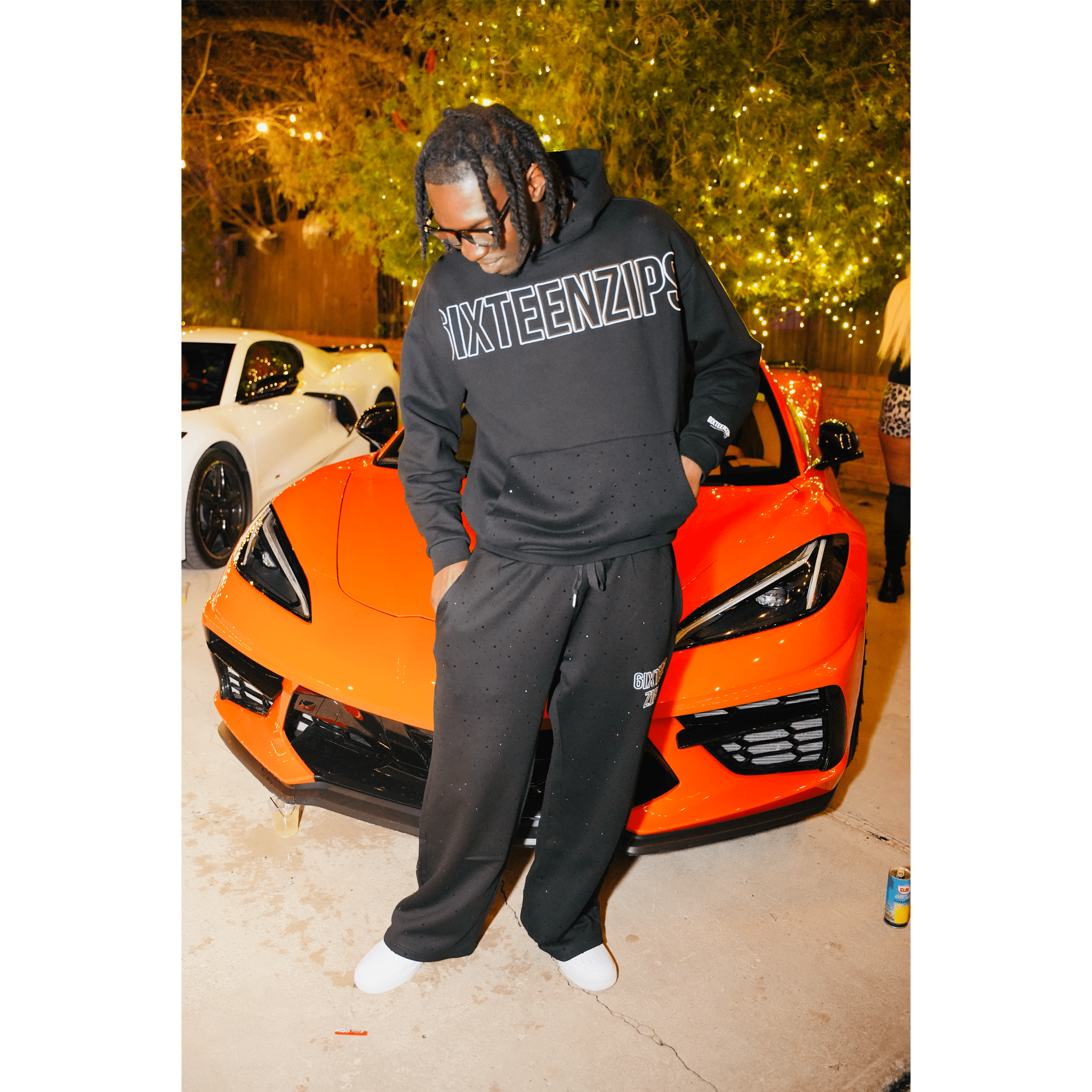 Black “Outline” Logo Rhinestone Hoodie - 6IXTEEN Zips