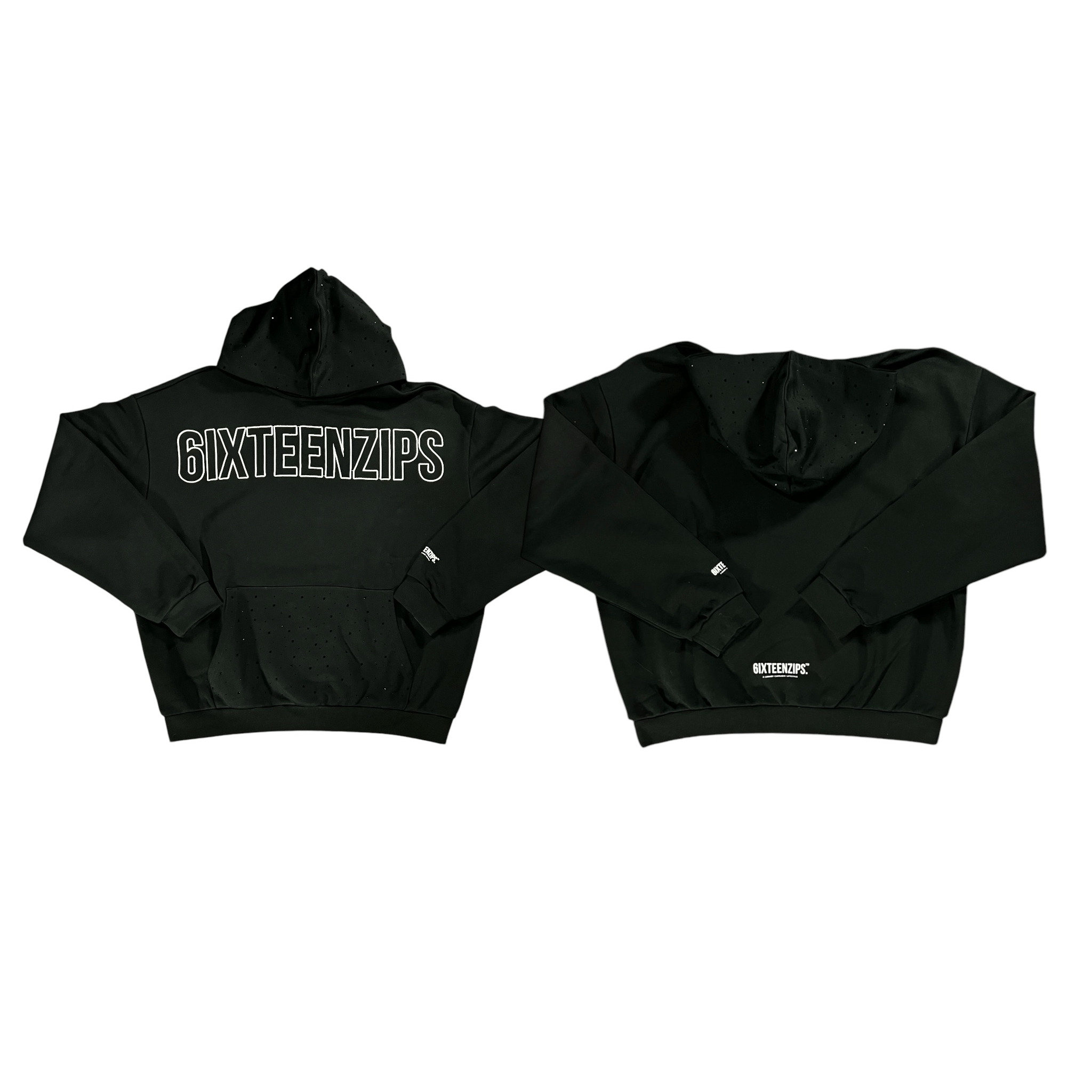 Black “Outline” Logo Rhinestone Hoodie - 6IXTEEN Zips