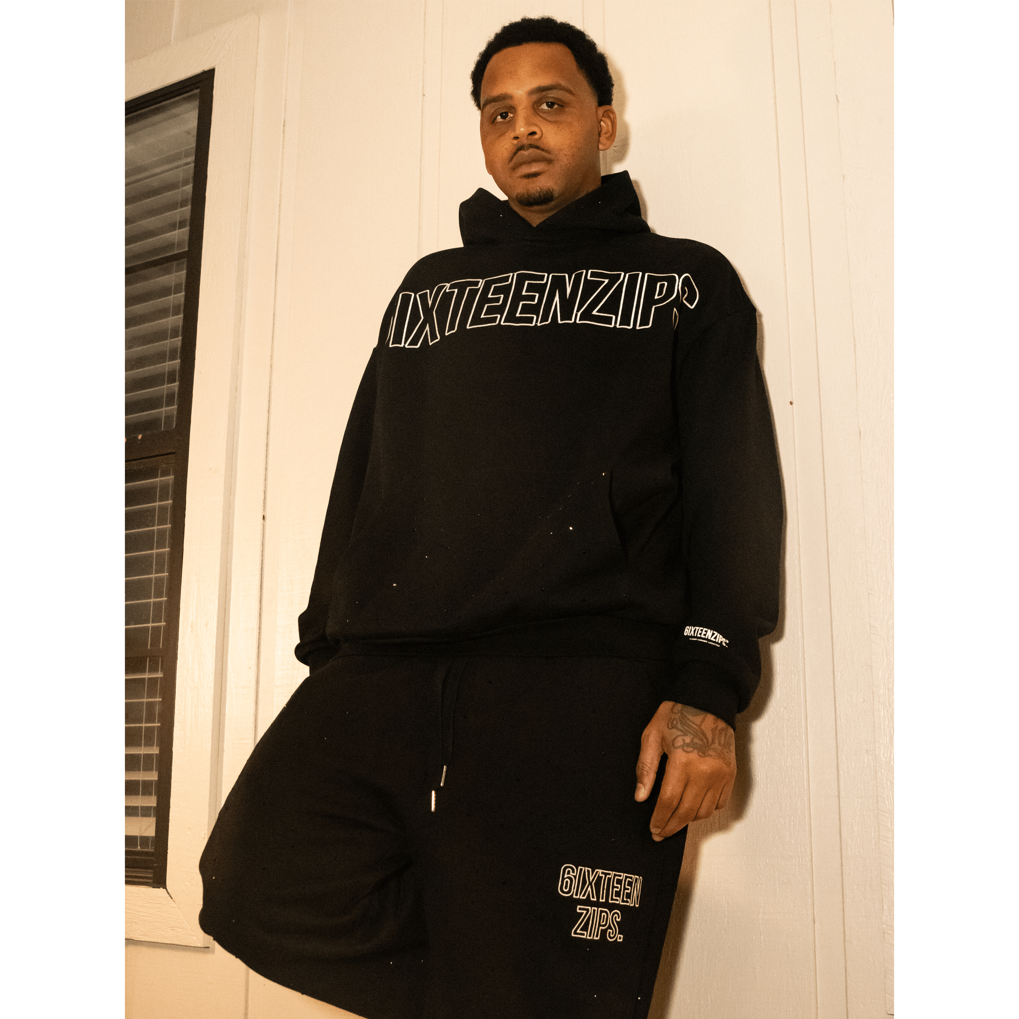Black “Outline” Logo Rhinestone Hoodie - 6IXTEEN Zips