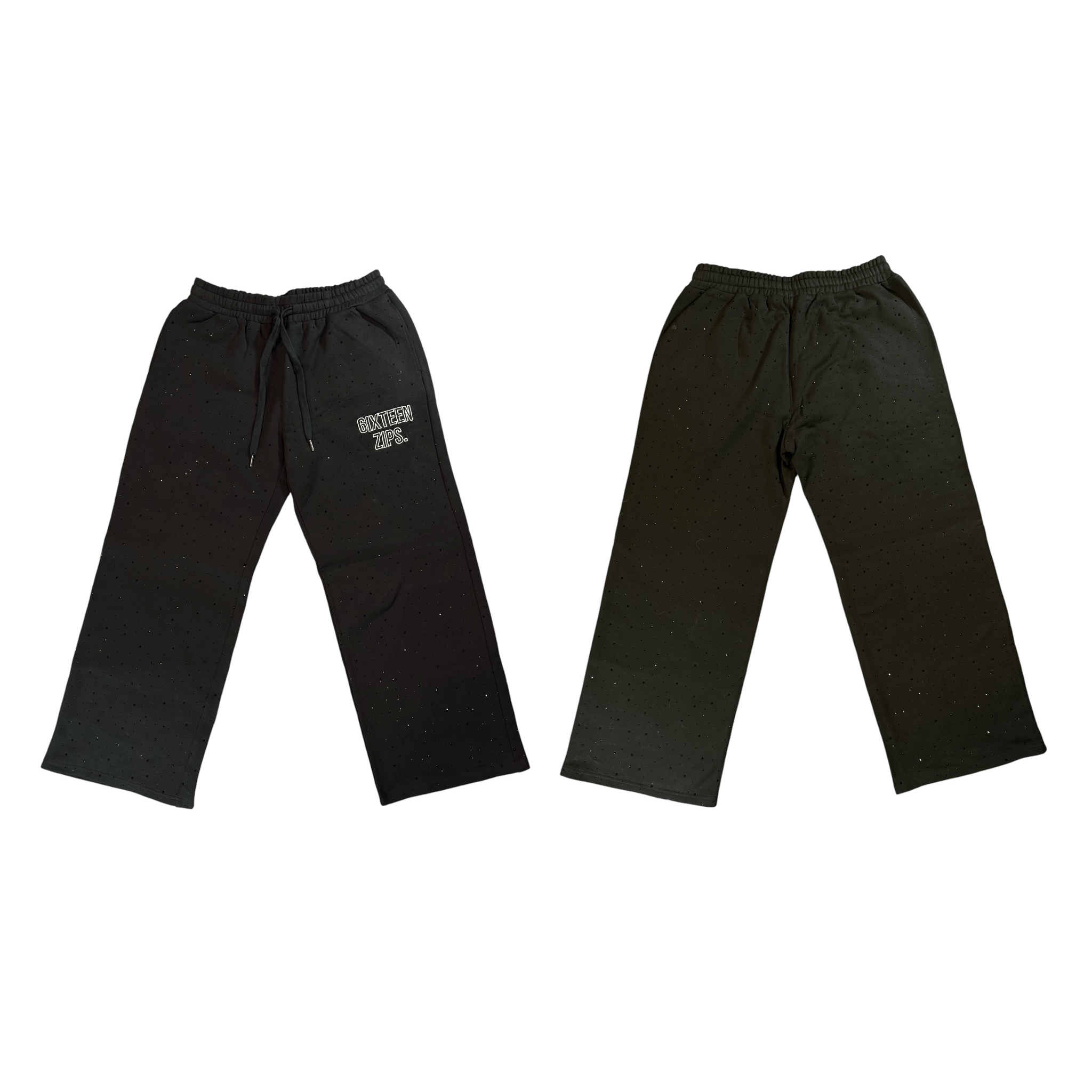 Black "Outline" Logo RhineStone Sweatpants - 6IXTEEN Zips