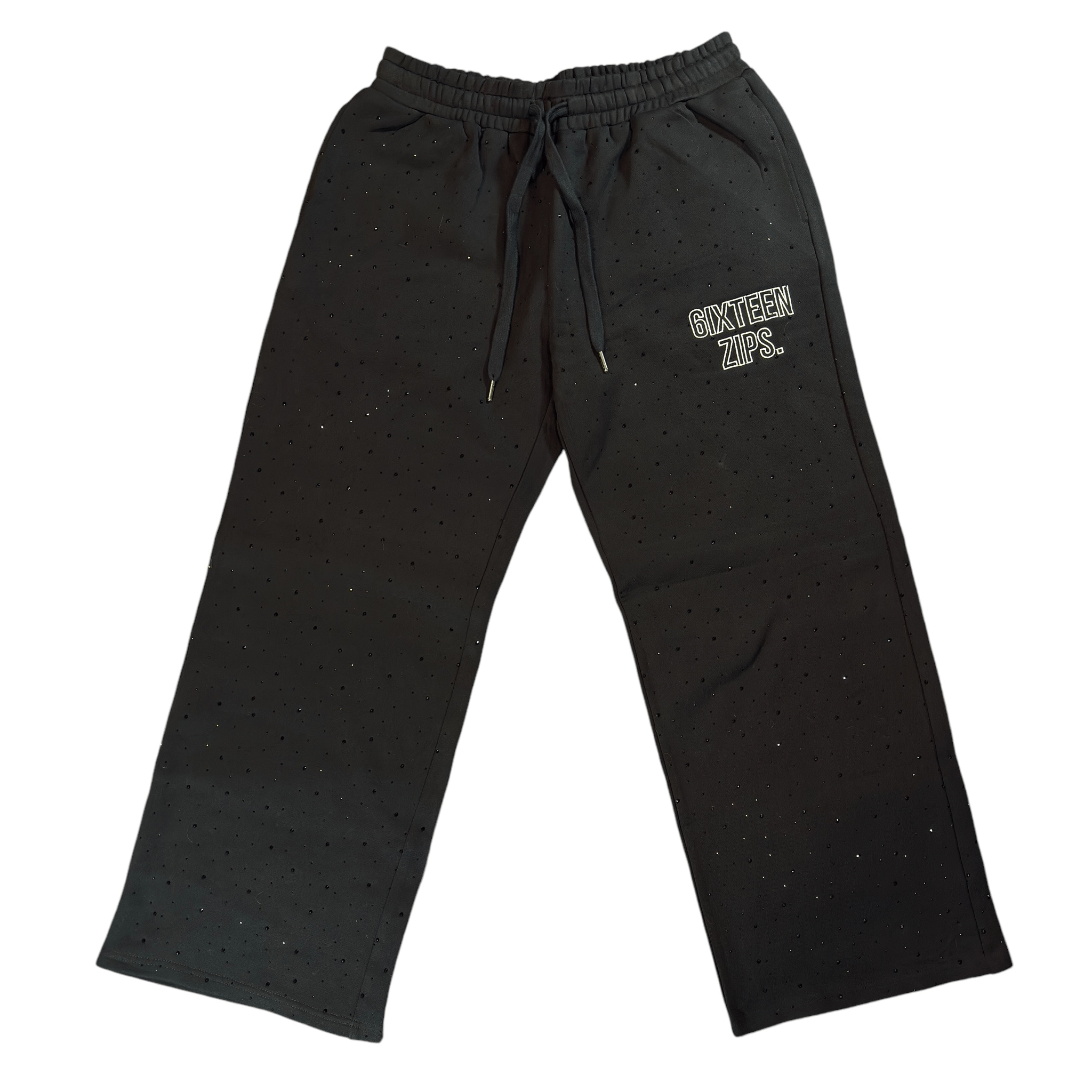 Black "Outline" Logo RhineStone Sweatpants - 6IXTEEN Zips