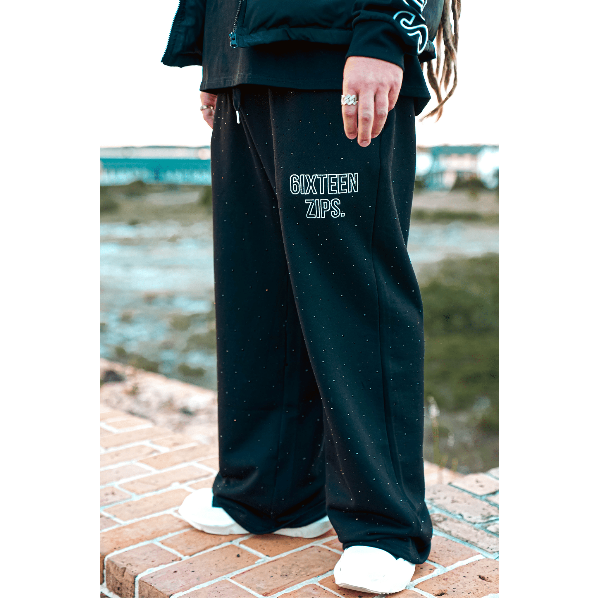 Black "Outline" Logo RhineStone Sweatpants - 6IXTEEN Zips