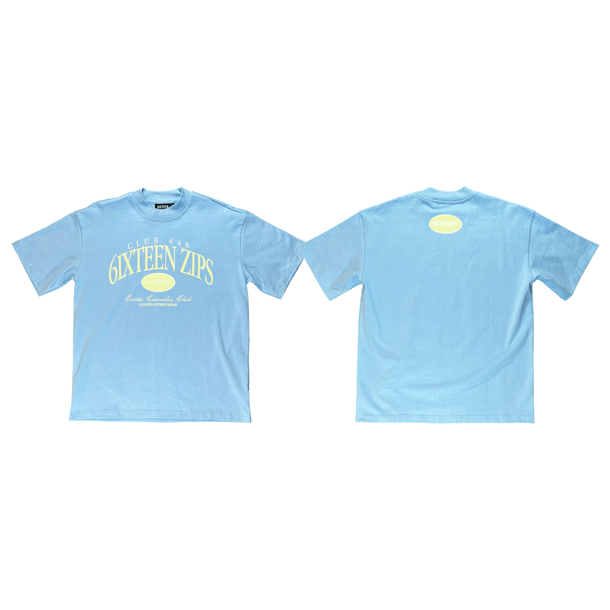 “Club 448” Sky Blue/Beige Heavyweight Luxury Tee - 6IXTEEN Zips