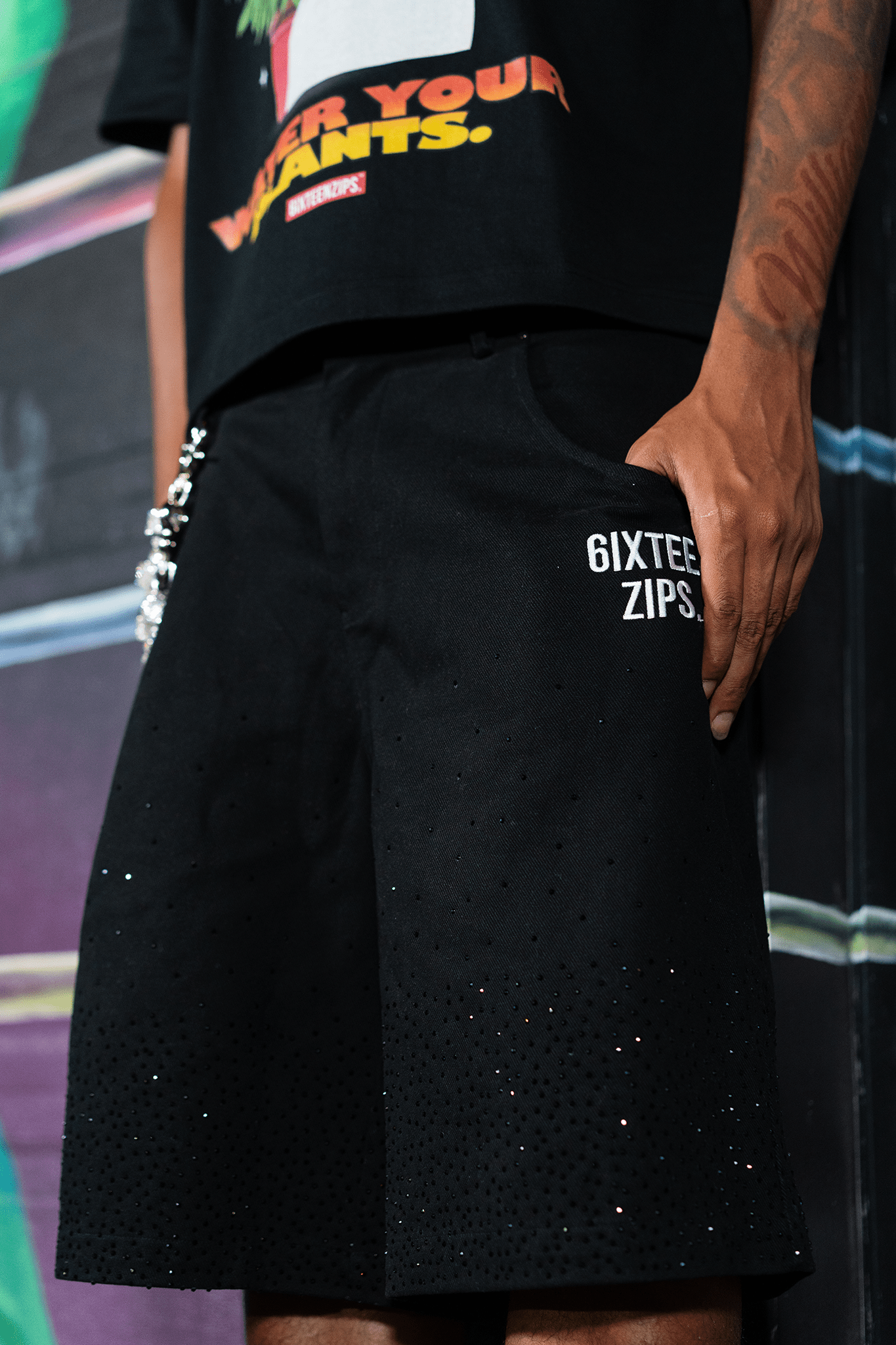 "OG Logo" Black Lightweight Denim RhineStone Shorts - 6IXTEEN Zips