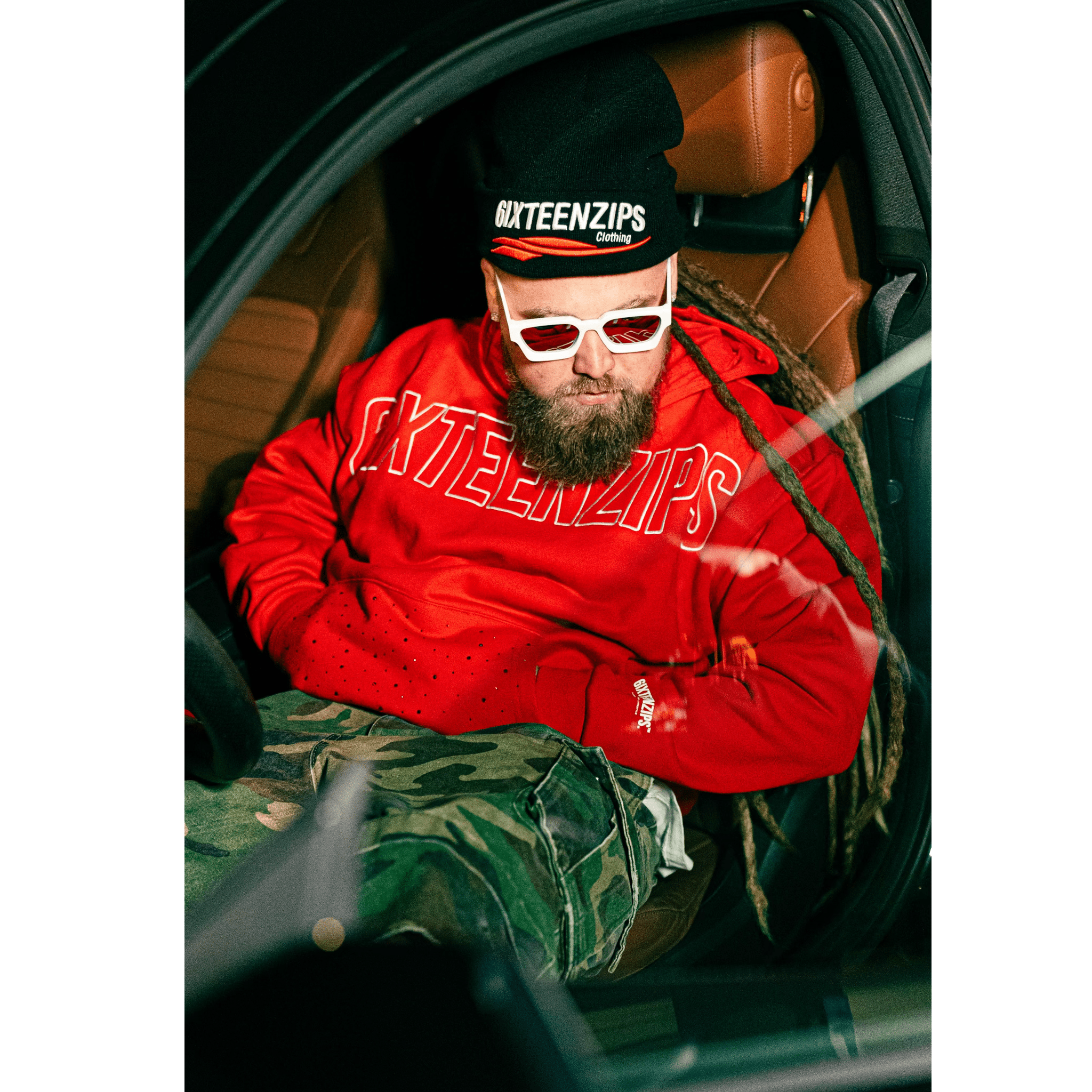 Red “Outline” Logo Rhinestone Hoodie - 6IXTEEN Zips