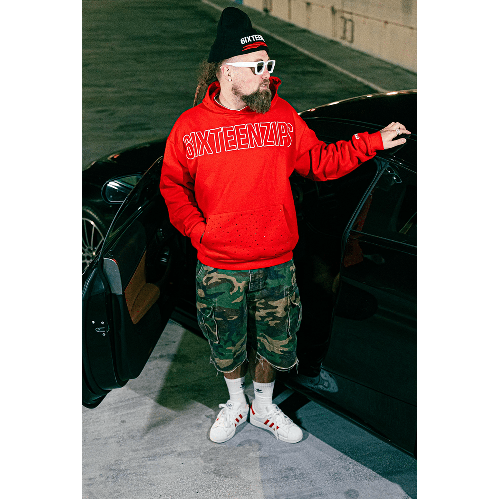 Red “Outline” Logo Rhinestone Hoodie - 6IXTEEN Zips
