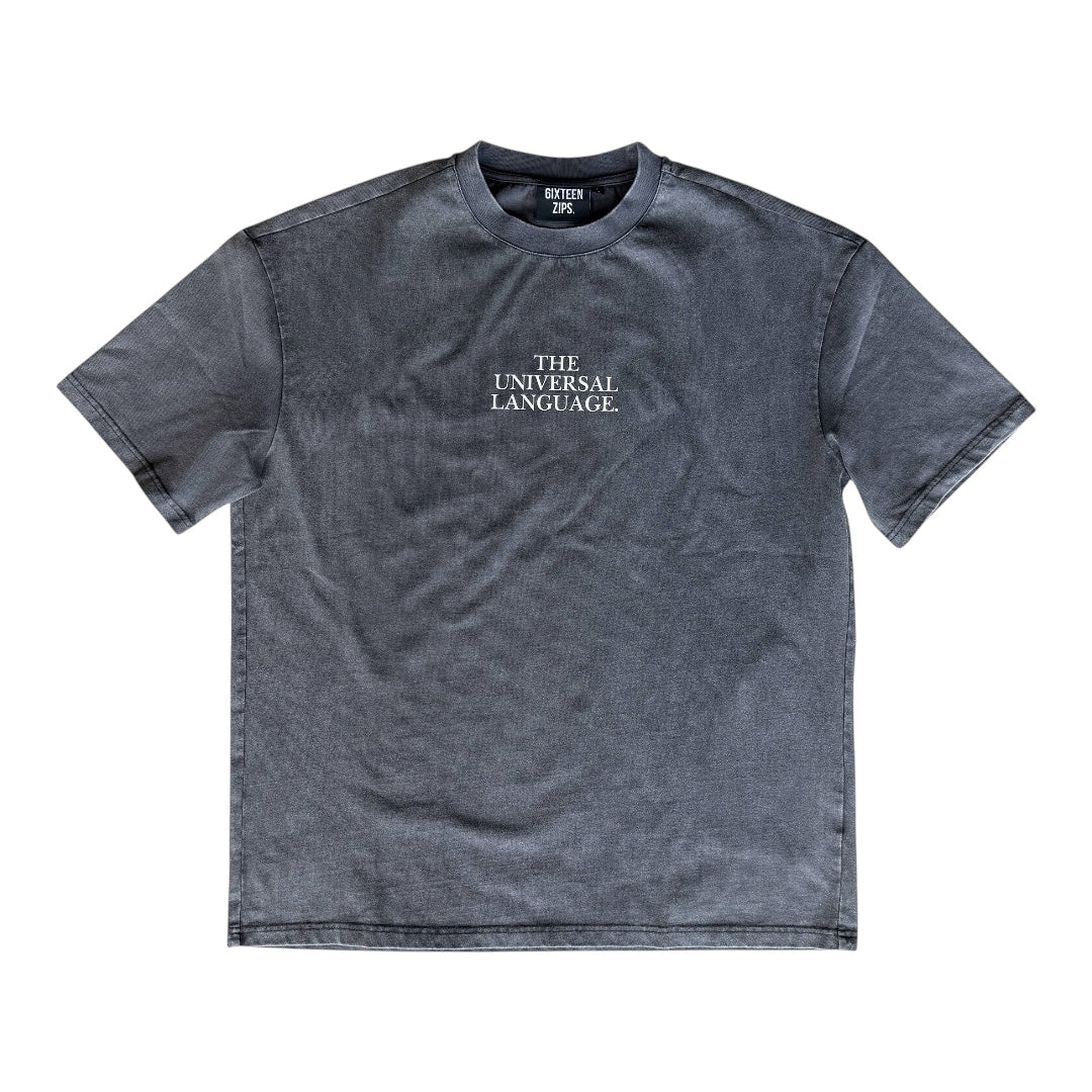"The Universal Language" Black Acid Washed OverSized Boxy T-shirt - 6IXTEEN Zips