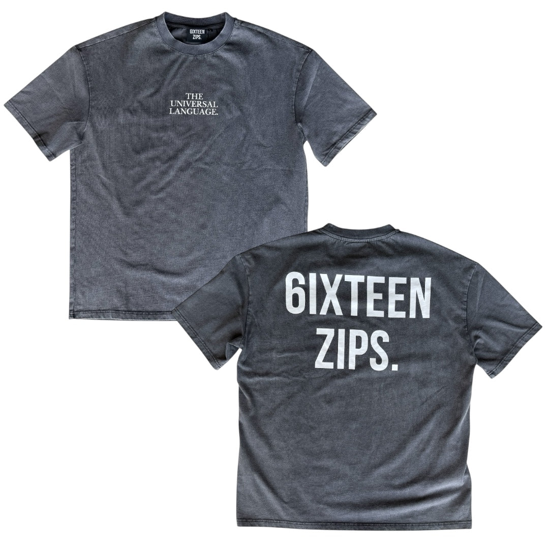 "The Universal Language" Black Acid Washed OverSized Boxy T-shirt - 6IXTEEN Zips