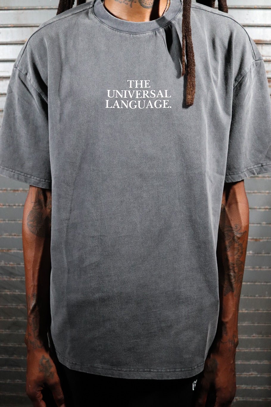 "The Universal Language" Charcoal Acid Washed Boxy T-shirt - 6IXTEEN Zips