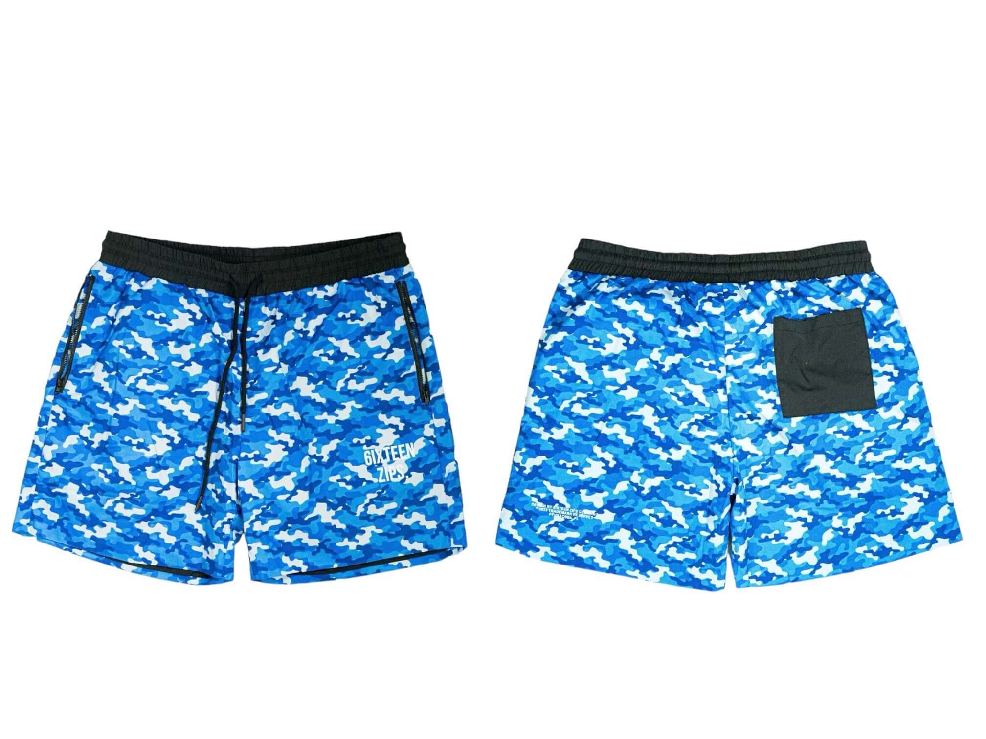 "Blue Camo" OG Logo Nylon Shorts - 6iXTEEN Zips