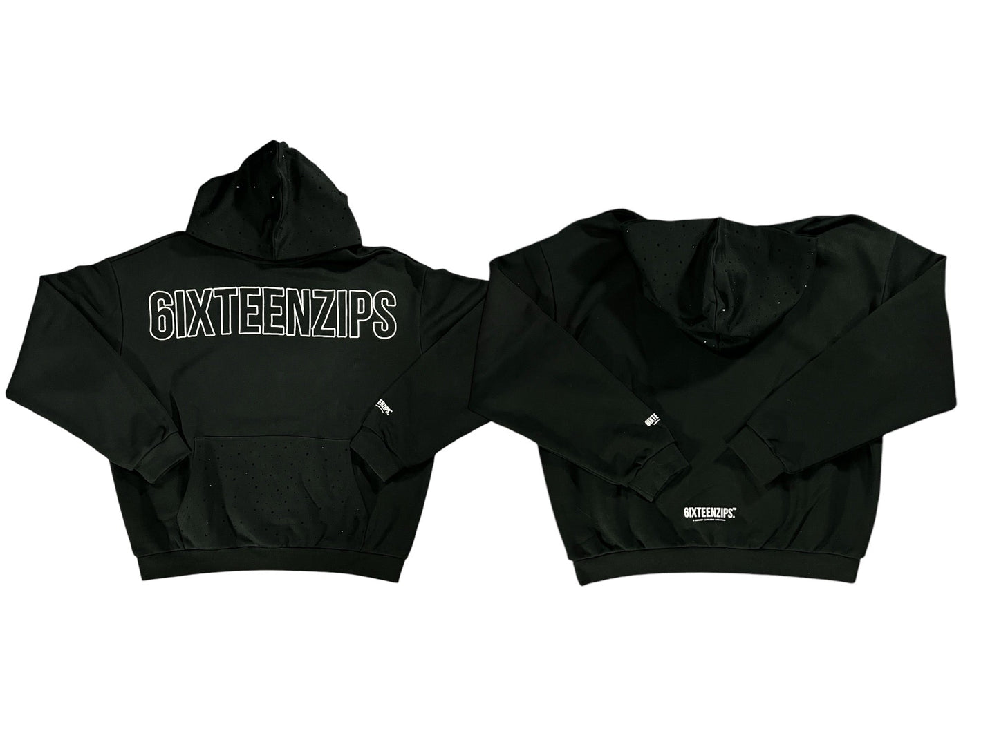 1 of 1 **SAMPLE** Black “Outline” Logo Rhinestone Hoodie. - 6IXTEEN Zips