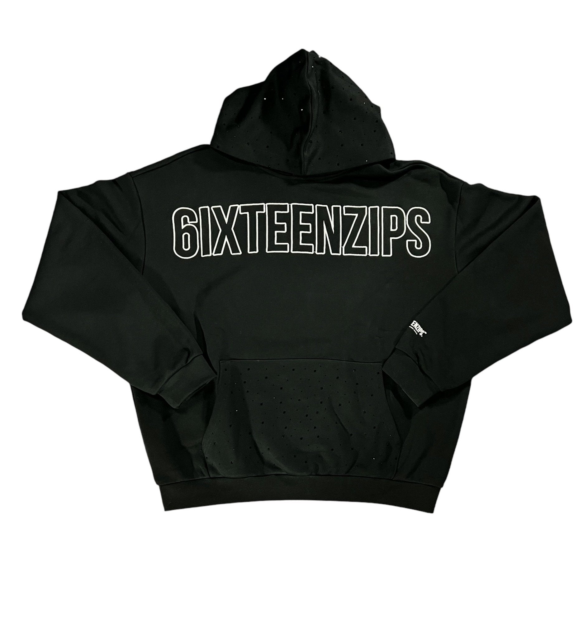 1 of 1 **SAMPLE** Black “Outline” Logo Rhinestone Hoodie. - 6IXTEEN Zips