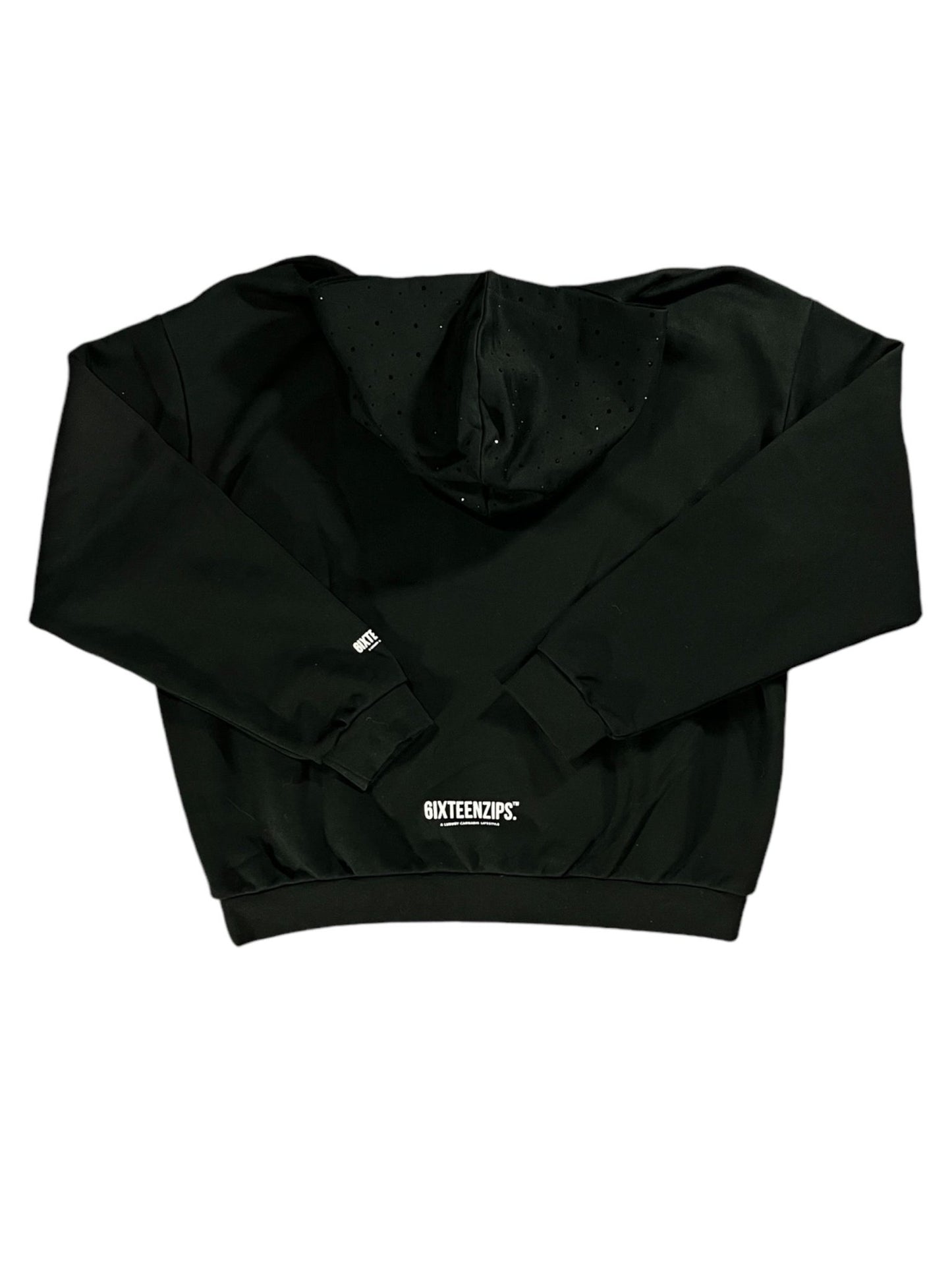 1 of 1 **SAMPLE** Black “Outline” Logo Rhinestone Hoodie. - 6IXTEEN Zips