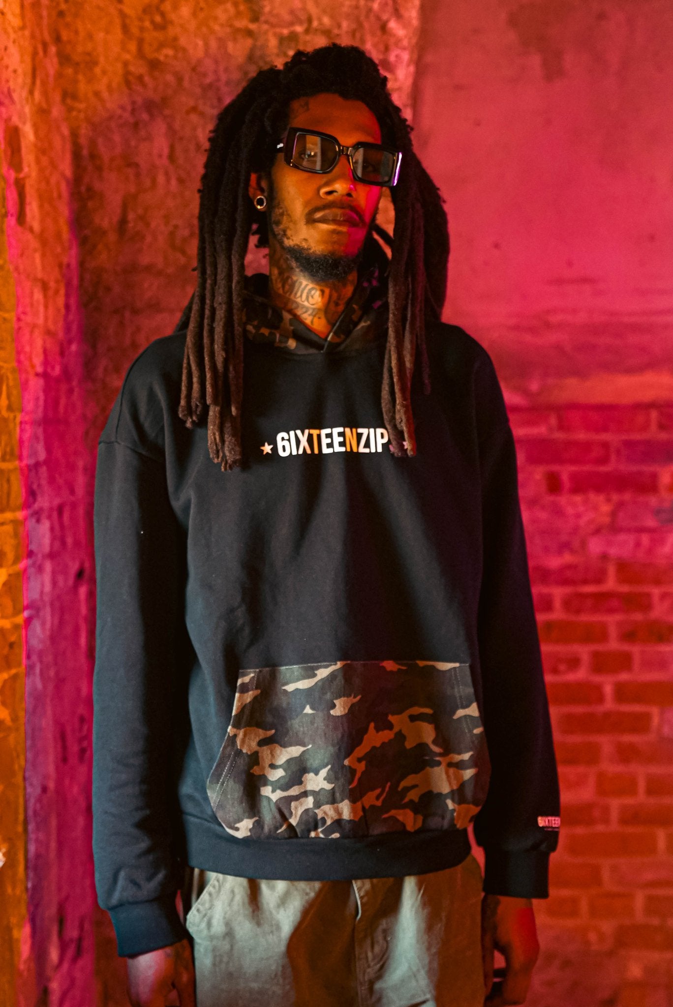 Black “ALLSTAR” Logo French Terry/Camo Denim Twill Hoodie - 6IXTEEN Zips