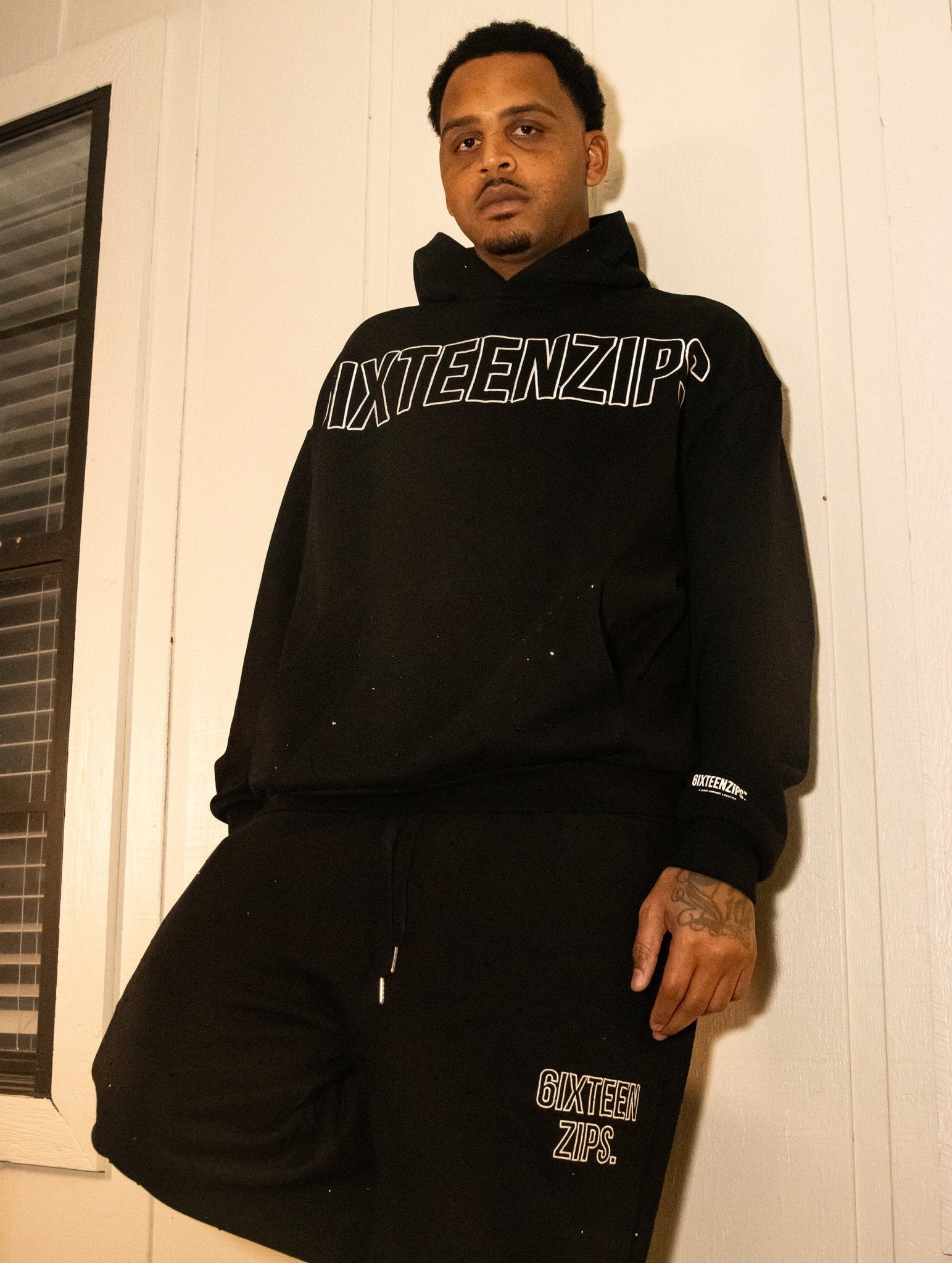 Black “Outline” Logo Rhinestone Hoodie - 6IXTEEN Zips