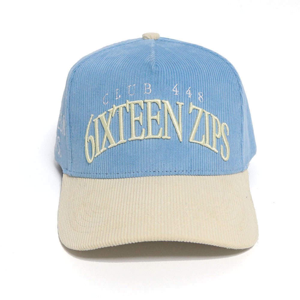 "Club 448" Sky Blue/Beige Corduroy Trucker Hat - 6iXTEEN Zips