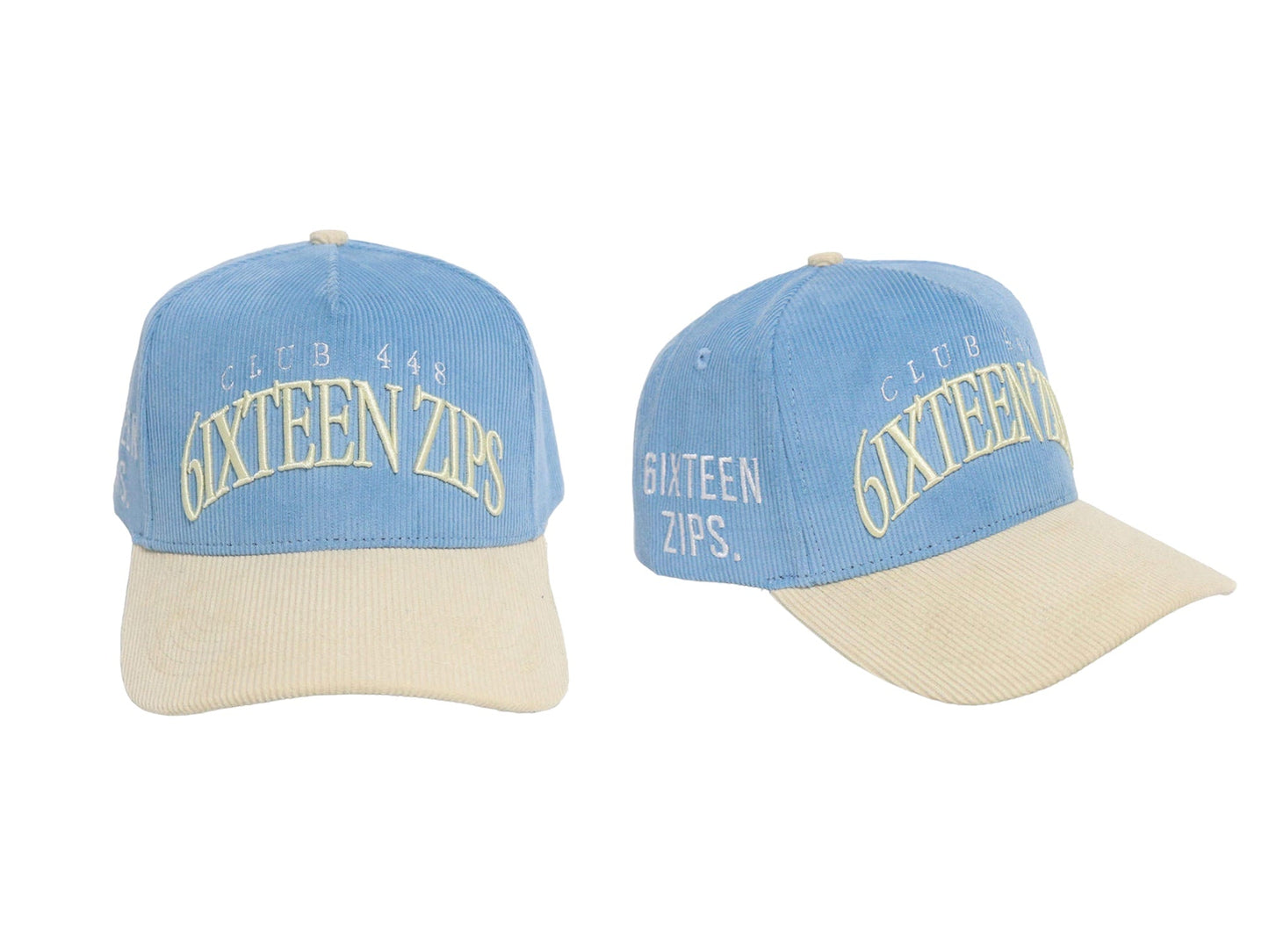 "Club 448" Sky Blue/Beige Corduroy Trucker Hat - 6iXTEEN Zips