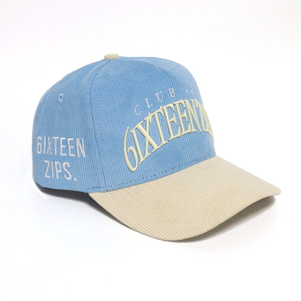 "Club 448" Sky Blue/Beige Corduroy Trucker Hat - 6iXTEEN Zips