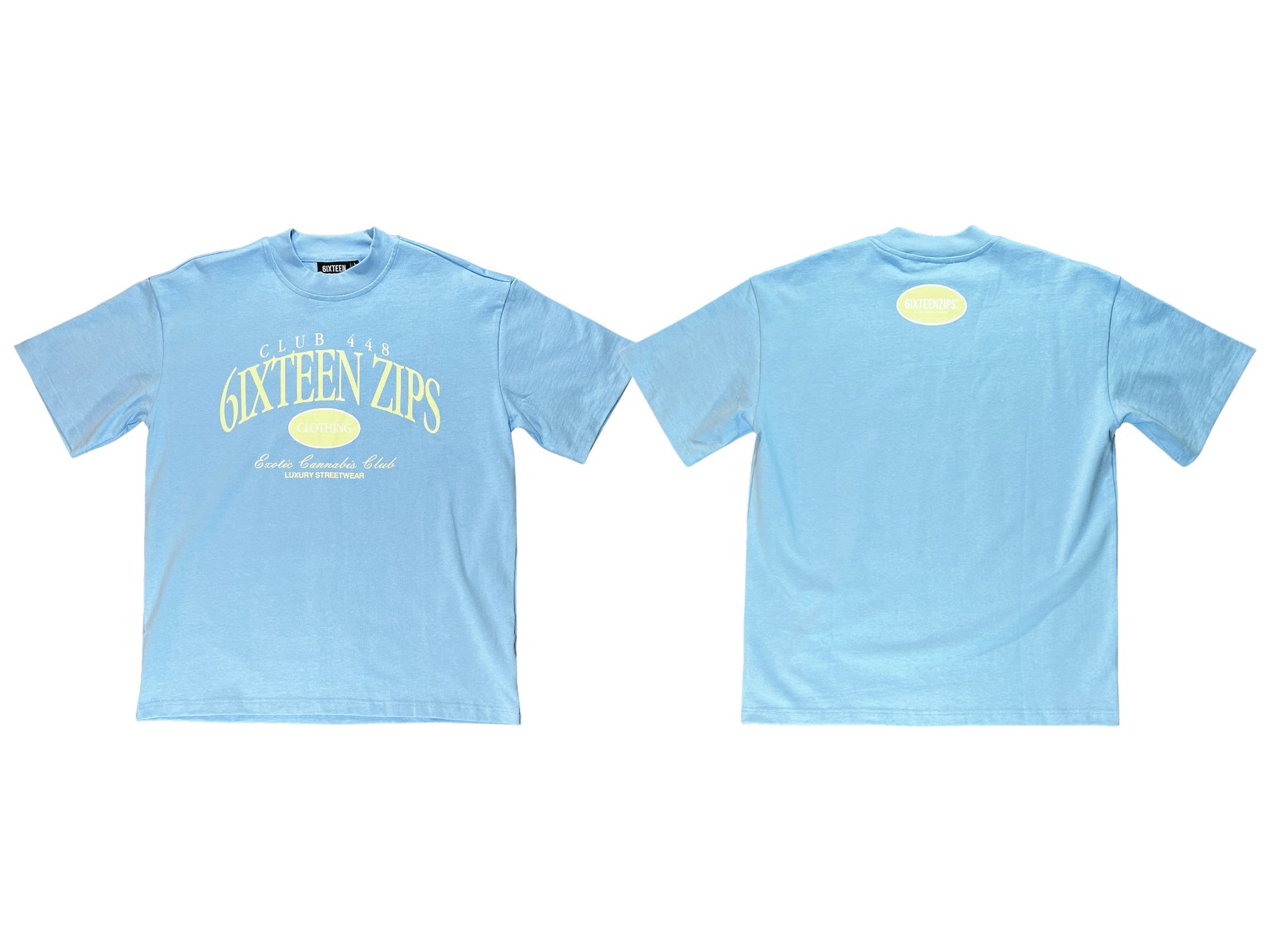 “Club 448” Sky Blue/Beige Heavyweight Luxury Tee - 6iXTEEN Zips