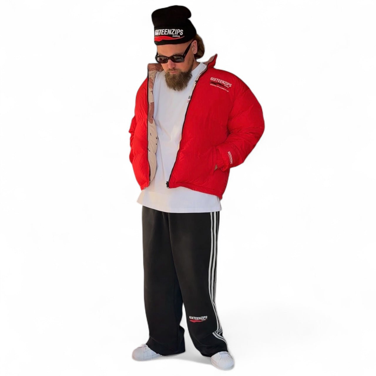 “ECC” Desert Camo/Red Reversible Puffer Jacket **PRE - ORDER** (Read Description) - 6IXTEEN Zips