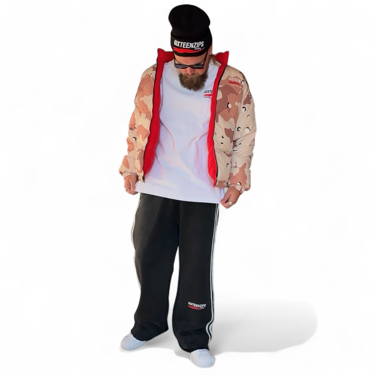 “ECC” Desert Camo/Red Reversible Puffer Jacket **PRE - ORDER** (Read Description) - 6IXTEEN Zips