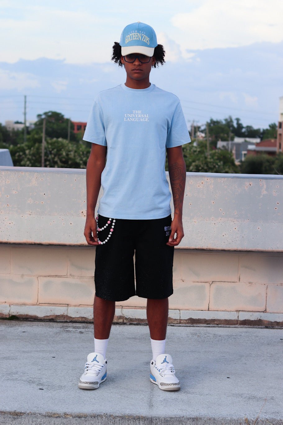 "The Universal Language" Sky Blue Acid Washed Boxy T-shirt - 6IXTEEN Zips