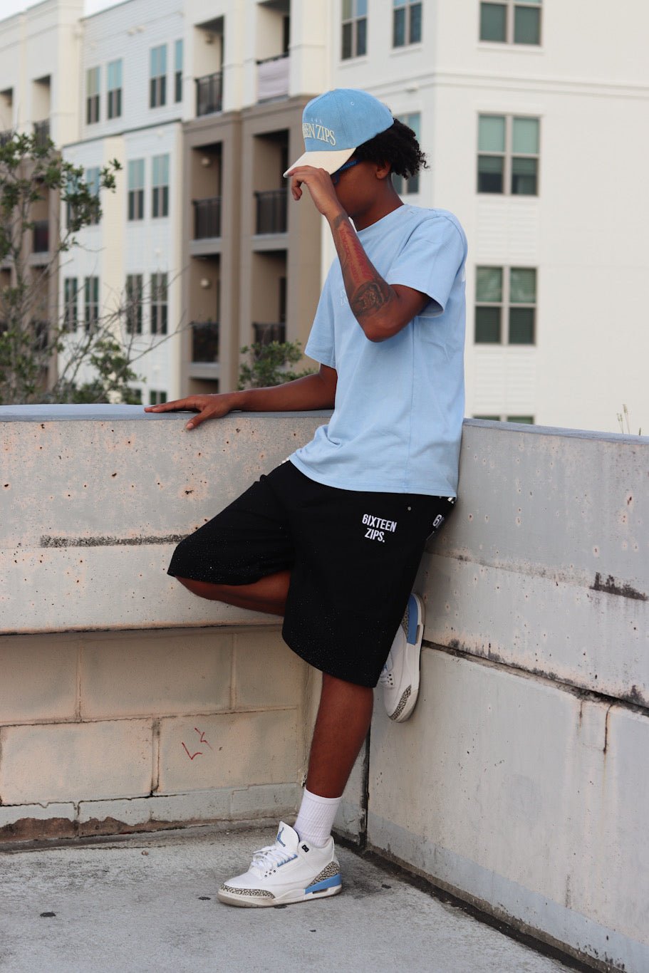 "The Universal Language" Sky Blue Acid Washed Boxy T-shirt - 6IXTEEN Zips