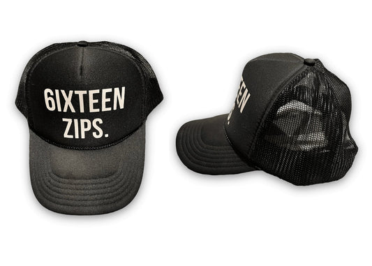 “Gallery” Black/White Foam Trucker Hat - 6iXTEEN Zips