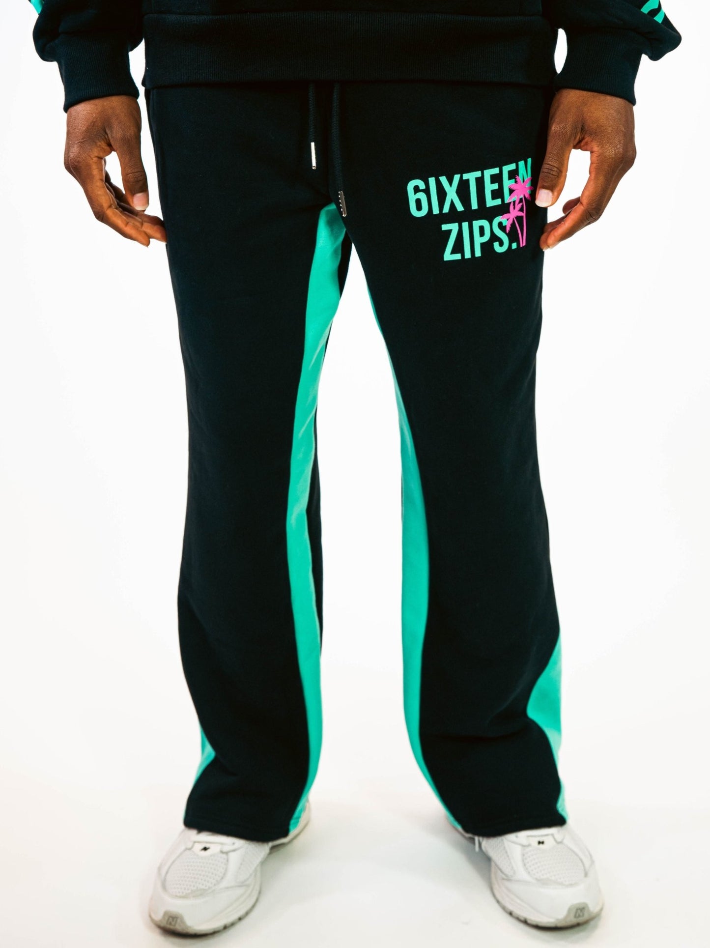 "South Beach" Black/Mint Luxury Heavyweight Flared Sweatpants - 6iXTEEN Zips