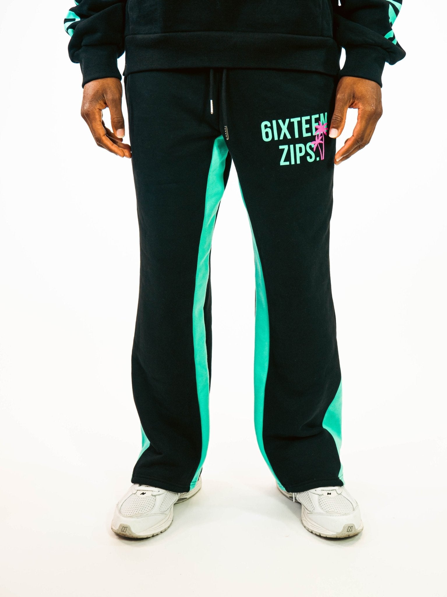 "South Beach" Black/Mint Luxury Heavyweight Flared Sweatpants - 6iXTEEN Zips