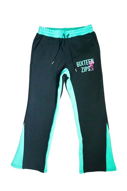 "South Beach" Black/Mint Luxury Heavyweight Flared Sweatpants - 6iXTEEN Zips