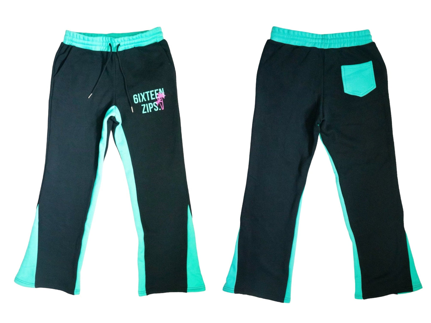 "South Beach" Black/Mint Luxury Heavyweight Flared Sweatpants - 6iXTEEN Zips