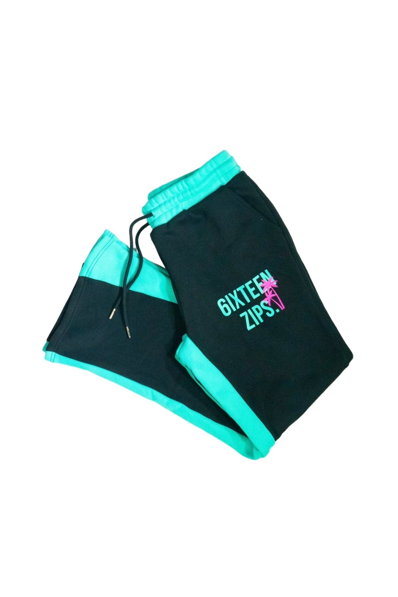 "South Beach" Black/Mint Luxury Heavyweight Flared Sweatpants - 6iXTEEN Zips