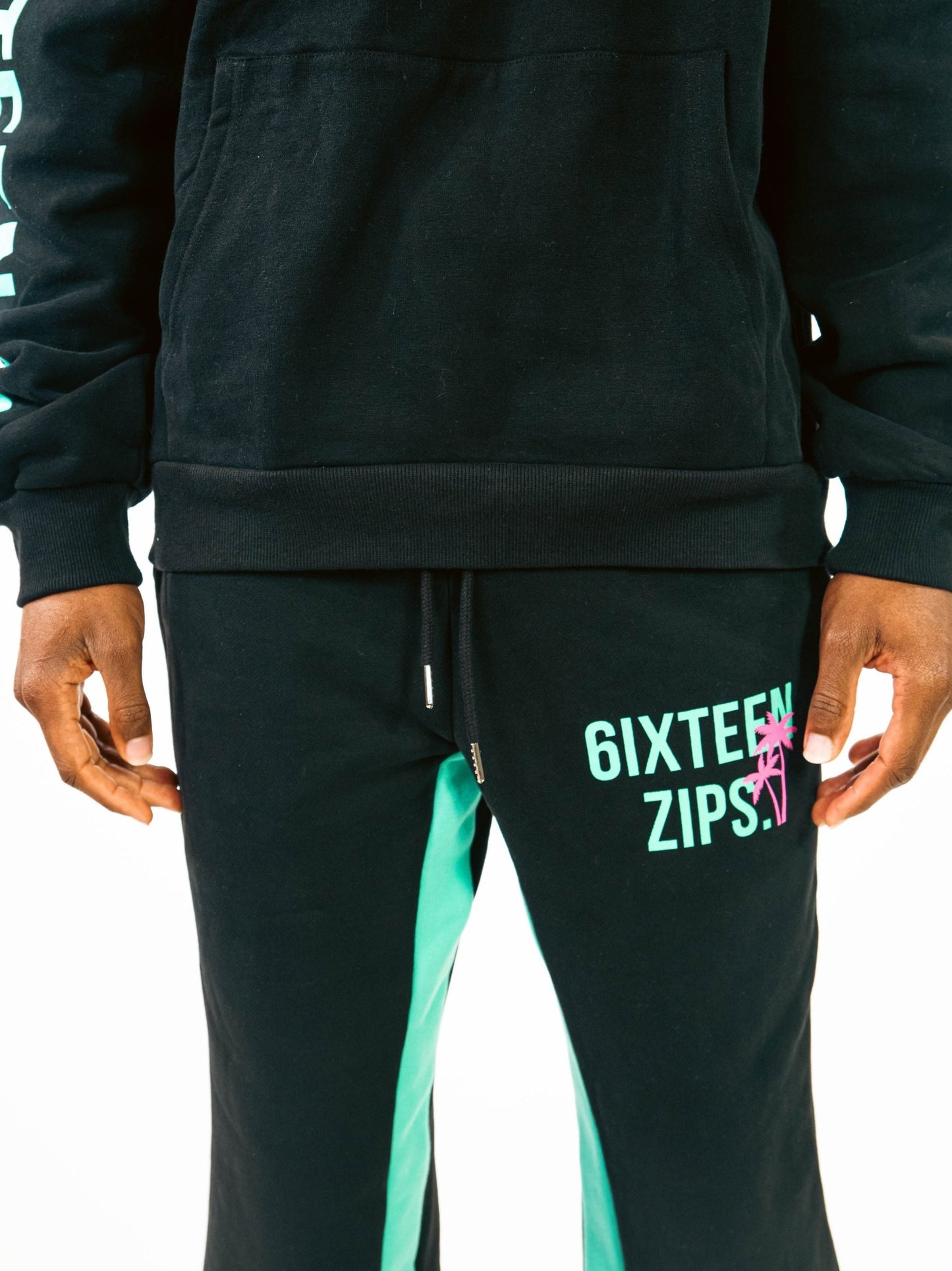 "South Beach" Black/Mint Luxury Heavyweight Flared Sweatpants - 6iXTEEN Zips